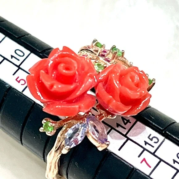 Natural Coral Emerald Aquamarine Garnet 14KGP Ring - Picture 3 of 6